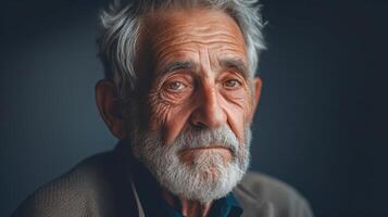 ai generiert nachdenklich Senior Mann mit charaktervoll Gesicht auf grau Hintergrund foto