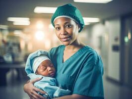 ai generiert ein afrikanisch amerikanisch Frau im Krankenschwester Uniform Wiegen ein Schlafen Neugeborene Baby, vorbildlich Pflege und Barmherzigkeit im ein Krankenhaus Einstellung. foto
