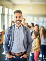 ai generiert ein zuversichtlich spanisch Erwachsene männlich Lehrer steht mit Waffen gekreuzt, lächelnd im ein Klassenzimmer Rahmen mit Studenten versammelt hinter ihn. foto
