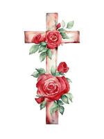 ai generiert Aquarell c Christian Kreuz mit rot Rosen auf ein Weiß Hintergrund foto