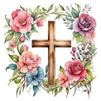 ai generiert Aquarell Christian Kreuz im Blumen auf Weiß Hintergrund foto