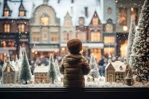 ai generiert Kinder suchen ein Fenster von ein Weihnachten Geschäft auf Weihnachten Tag foto