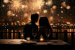 ai generiert Paar Dating im Restaurant, Neu Jahre Tag Feier Feuerwerk foto