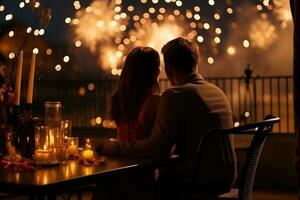 ai generiert Paar Dating im Restaurant, Neu Jahre Tag Feier Feuerwerk foto