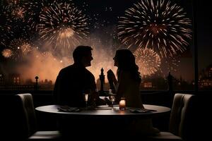 ai generiert Paar Dating im Restaurant, Neu Jahre Tag Feier Feuerwerk foto