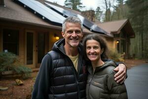 ai generiert ein glücklich Paar und ein groß Haus mit Solar- Paneele Eingerichtet. foto