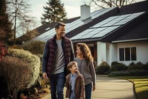 ai generiert ein glücklich Paar und ein groß Haus mit Solar- Paneele Eingerichtet. foto