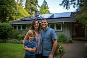 ai generiert ein glücklich Paar und ein groß Haus mit Solar- Paneele Eingerichtet. foto