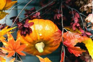 Ernte Zeit . reif Kürbisse und beschwingt Herbst Laub im ein fesselnd immer noch Leben Szene foto