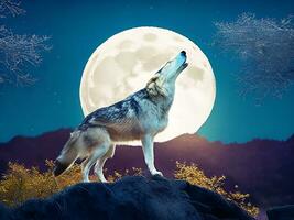 ai generiert Heulen Wolf gegen das voll Mond Hintergrund und das Wildnis neural Netzwerk ai generiert foto