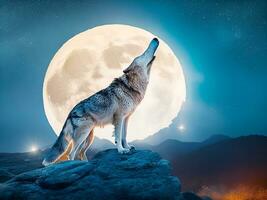 ai generiert Heulen Wolf gegen das voll Mond Hintergrund und das Wildnis neural Netzwerk ai generiert foto