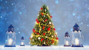 3d machen von dekoriert Weihnachten Baum auf verschwommen Blau Hintergrund. Neu Jahr Konzept foto