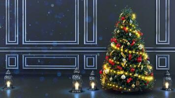 3d machen von dekoriert Weihnachten Baum auf verschwommen Blau Hintergrund. Neu Jahr Konzept foto