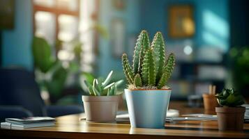 ai generiert Blume Topf auf ein Büro Schreibtisch, saftig Kaktus Vase, generativ ai foto