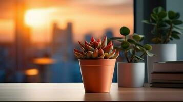 ai generiert Blume Topf auf ein Büro Schreibtisch, saftig Kaktus Vase, generativ ai foto