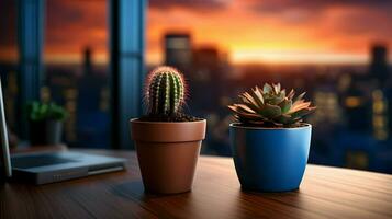 ai generiert Blume Topf auf ein Büro Schreibtisch, saftig Kaktus Vase, generativ ai foto