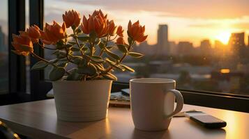 ai generiert Blume Topf auf ein Büro Schreibtisch, saftig Kaktus Vase, generativ ai foto