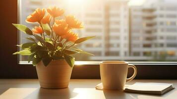 ai generiert Blume Topf auf ein Büro Schreibtisch, saftig Kaktus Vase, generativ ai foto