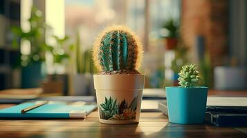 ai generiert Blume Topf auf ein Büro Schreibtisch, saftig Kaktus Vase, generativ ai foto