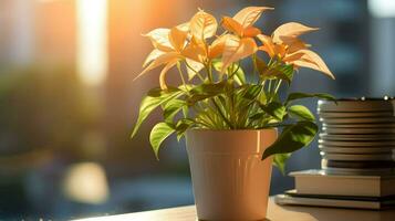 ai generiert Blume Topf auf ein Büro Schreibtisch, saftig Kaktus Vase, generativ ai foto