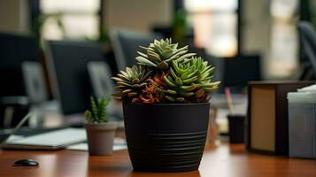 ai generiert Blume Topf auf ein Büro Schreibtisch, saftig Kaktus Vase, generativ ai foto