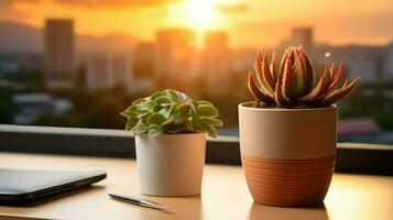 ai generiert Blume Topf auf ein Büro Schreibtisch, saftig Kaktus Vase, generativ ai foto