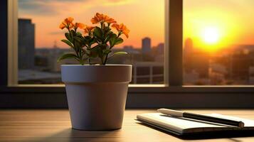 ai generiert Blume Topf auf ein Büro Schreibtisch, saftig Kaktus Vase, generativ ai foto