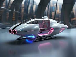 ai generiert futuristisch Miniatur fliegend Auto, Raumschiff, Luft Taxi Modell- Design foto