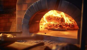 ai generiert frisch gebacken Pizza im ein Holz gefeuert Ofen, ein Gourmet Italienisch Freude generiert durch ai foto