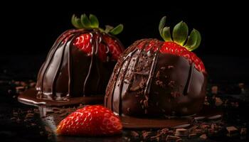 ai generiert ein schließen oben von ein Schokolade eingetaucht Erdbeere auf ein Dessert Teller generiert durch ai foto