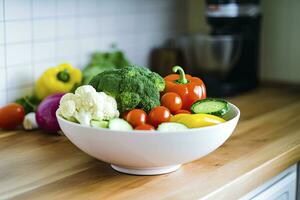 ai generiert Küche immer noch Leben mit Weiß Schüssel von gewaschen Gemüse auf hölzern Schreibtisch. ai generiert foto