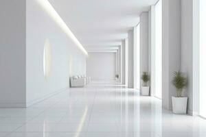 ai generiert Innere Design von ein modern luxuriös Weiß Gebäude Gang oder Flur mit warten Sitz. ai generiert foto