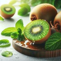 ai generiert Scheibe von Kiwi Obst mit Tropfen Wasser foto