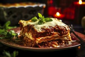 ai generiert traditionell Italienisch Essen Lasagne mit Fleisch Soße. ai generiert foto