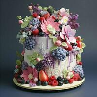 ai generiert Weiß Kuchen mit Beeren und Blumen auf das Blau Hintergrund. hohe Auflösung. ai generativ foto
