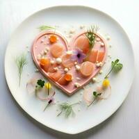 ai generiert Weiß Teller mit elegant modern Essen Lügen im das Herz Form. Heilige Valentinstag Tag. hoch Qualität. ai generativ foto