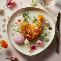 ai generiert Pastell- Rosa Teller mit elegant modern Lebensmittel. Heilige Valentinstag Tag. hoch Qualität. ai generativ foto