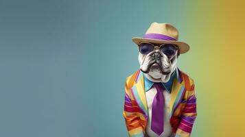 ai generiert cool suchen Bulldogge tragen funky Mode Kleid. Raum zum Text richtig Seite. ai generiert foto