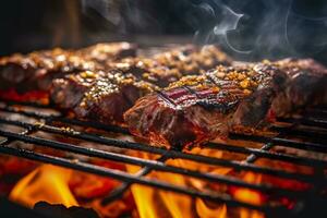 ai generiert Fleisch Grillen auf ein Holzkohle Grill mit Rauch steigend. ai generiert foto