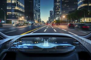 ai generiert modern Clever Auto Technologie intelligent System mit Köpfe oben Anzeige hud autonom selbst Fahren Modus Fahrzeug auf Stadt Straße mit Grafik Sensor Radar Signal System intelligent Wagen. foto