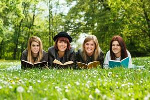 glücklich Studenten Lernen im das Park foto