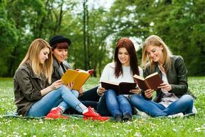 weiblich Studenten Lernen im das Park foto