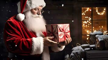 ai generiert Foto von glücklich Santa claus Tragen Weihnachten Geschenk zu Kinder. Urlaub Stimmung