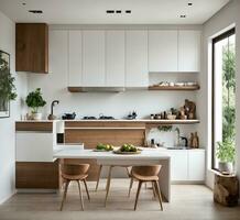ai generiert Innere von modern Küche mit Weiß Wände, hölzern Schränke, und Weiß Arbeitsplatten foto