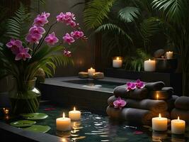 ai generiert Spa Behandlung Aroma Therapie mit Kerzen, Steine und Blumen zum entspannen Wohlbefinden. foto