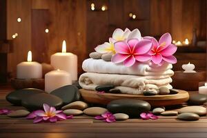 ai generiert Spa Behandlung Aroma Therapie mit Kerzen, Steine und Blumen zum entspannen Wohlbefinden. foto