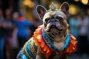 ai generiert ein Französisch Bulldogge gekleidet im bunt Kostüm im das Karneval ai generativ foto