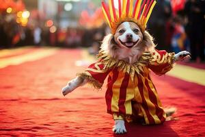 ai generiert ein Hund gekleidet im bunt Kostüm im das Karneval Brasilianer ai generativ foto