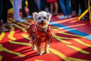 ai generiert ein Hund gekleidet im bunt Kostüm im das Karneval Brasilianer ai generativ foto