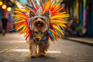 ai generiert ein Hund gekleidet im bunt Kostüm im das Karneval Brasilianer ai generativ foto